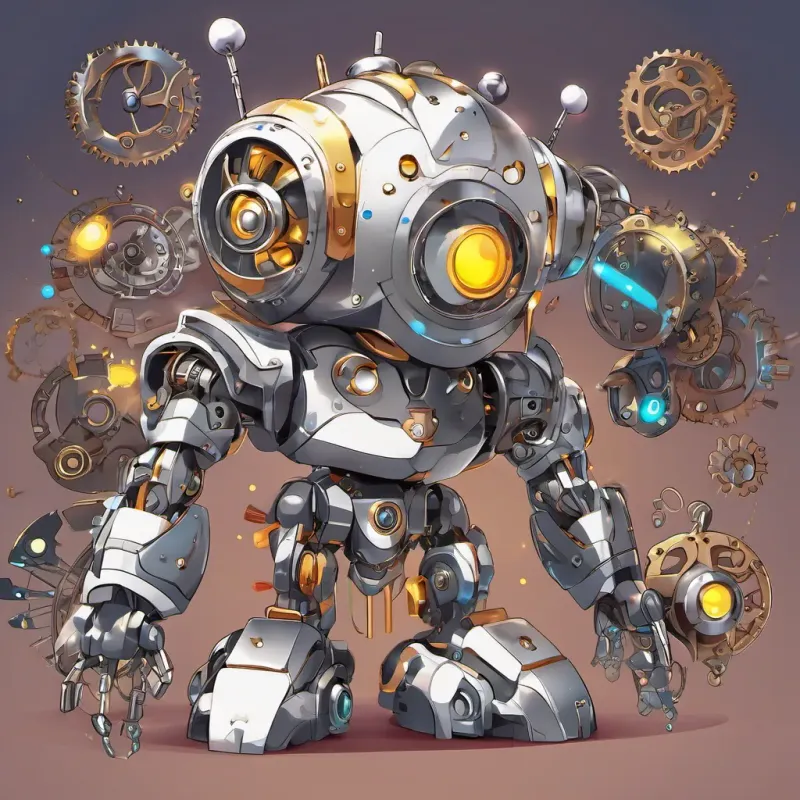 A small, clever robot with bright eyes, made of shiny metal parts Rivet is full of determination and bravery moving forward with confidence, gears spinning rapidly. An illustration showing A small, clever robot with bright eyes, made of shiny metal parts Rivet is full of determination and bravery's heart beating rhythmically with a sound effect 'dum, dum, dum!'.