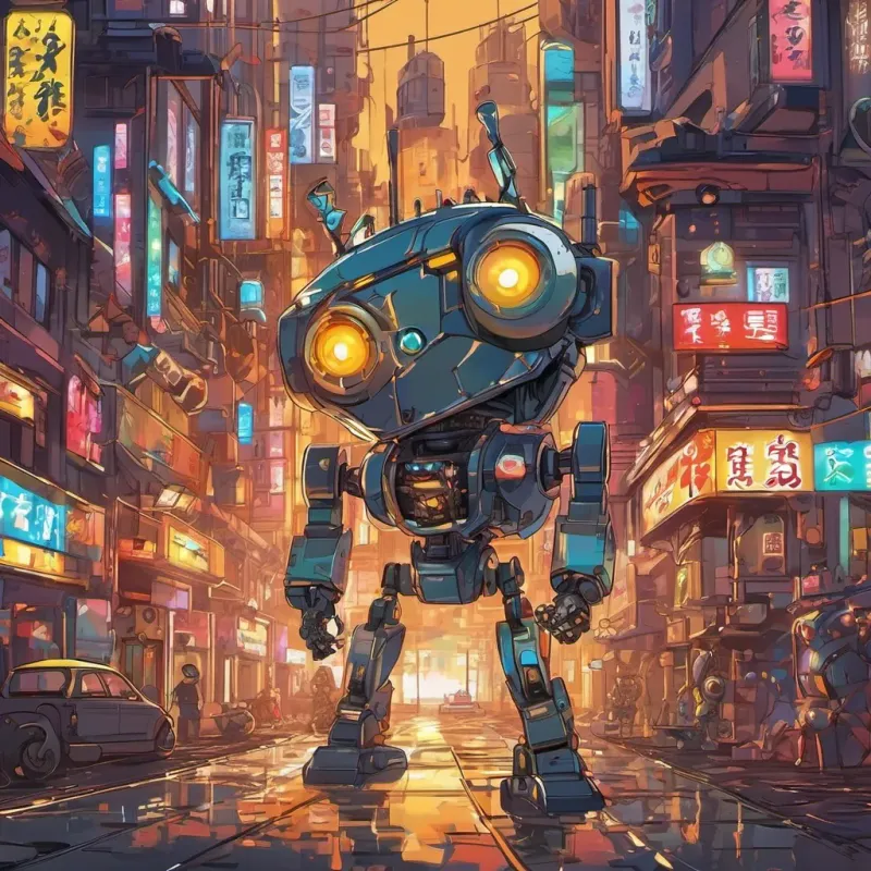 Gloomy releasing menacing gloom-bots buzzing and whirring towards A small, clever robot with bright eyes, made of shiny metal parts Rivet is full of determination and bravery. The town's colorful atmosphere contrasting with the dark, gloom-bots.