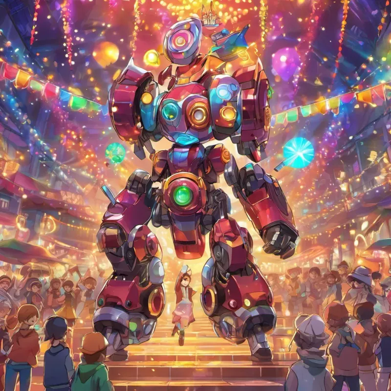 Sparkville aglow with bright colors, townsfolk dancing and celebrating. A small, clever robot with bright eyes, made of shiny metal parts Rivet is full of determination and bravery standing proud and happy in the middle of the celebration.