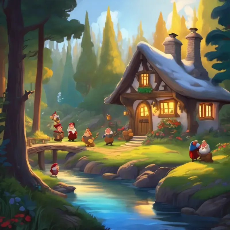 Snow White meets the dwarfs at their cottage in the forest.