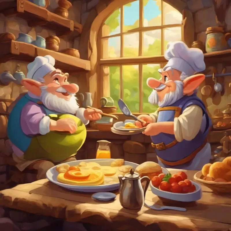 Breakfast with the dwarfs; Dopey cooks and Grumpy complains.