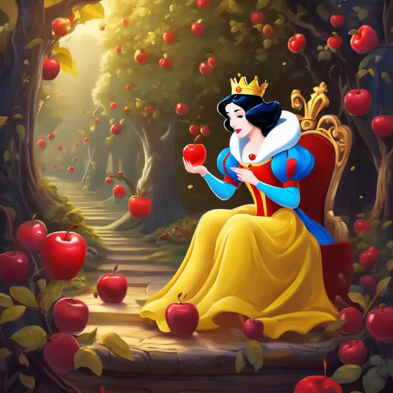 The queen tricks Snow White with a poisoned apple.