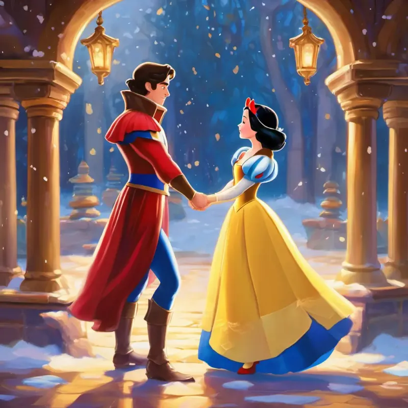 The prince's kiss breaks the spell, reviving Snow White.