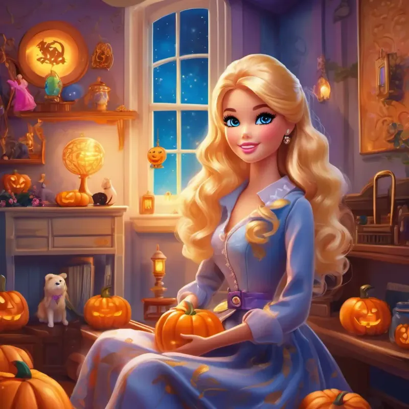 Beautiful Barbie doll with golden hair and sparkling blue eyes, a Barbie doll with golden hair and sparkling blue eyes, is in her cozy room in Sparkleland, a beautiful town.