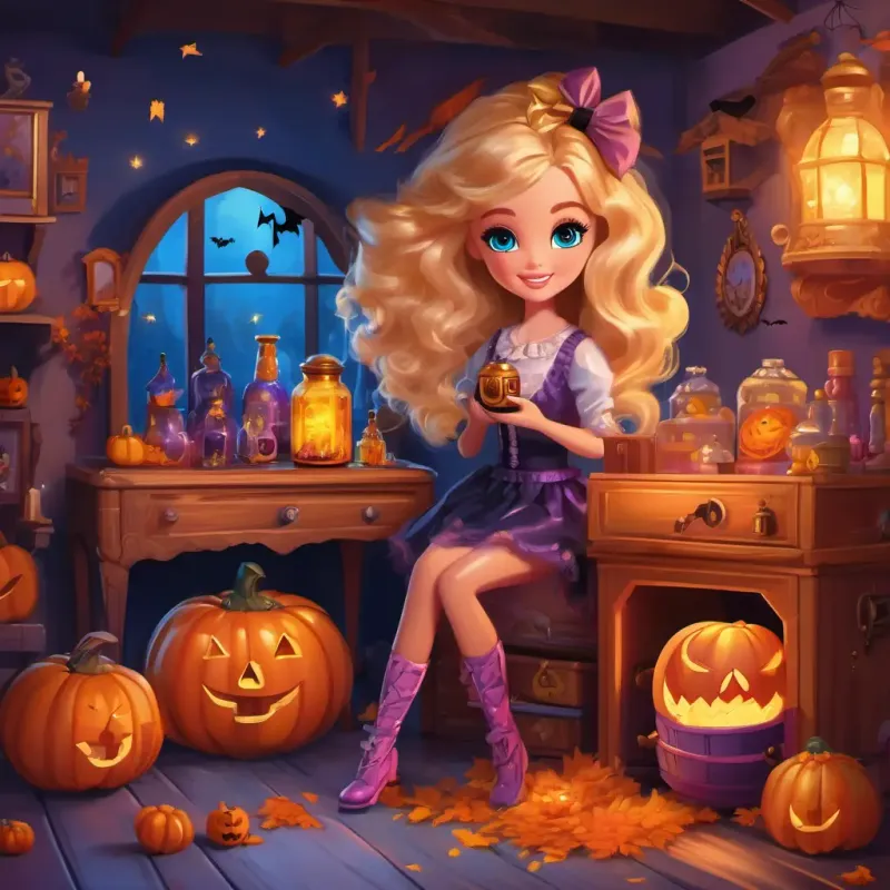 Beautiful Barbie doll with golden hair and sparkling blue eyes happily playing in her room, she finds a magic potion under her toy chest.