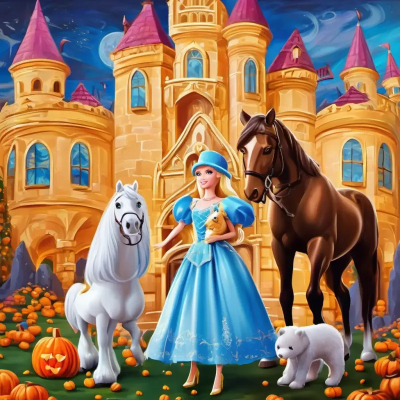 Beautiful Barbie doll with golden hair and sparkling blue eyes, now a beautiful princess, stands tall in her magnificent castle with her talking bear and horses.