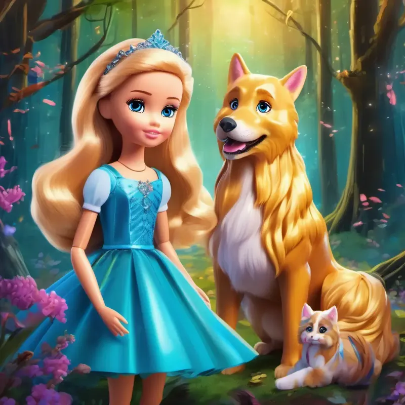 Beautiful Barbie doll with golden hair and sparkling blue eyes, wearing a magical princess gown, travels through enchanted forests with talking animals. She meets Emily, a sad little girl.