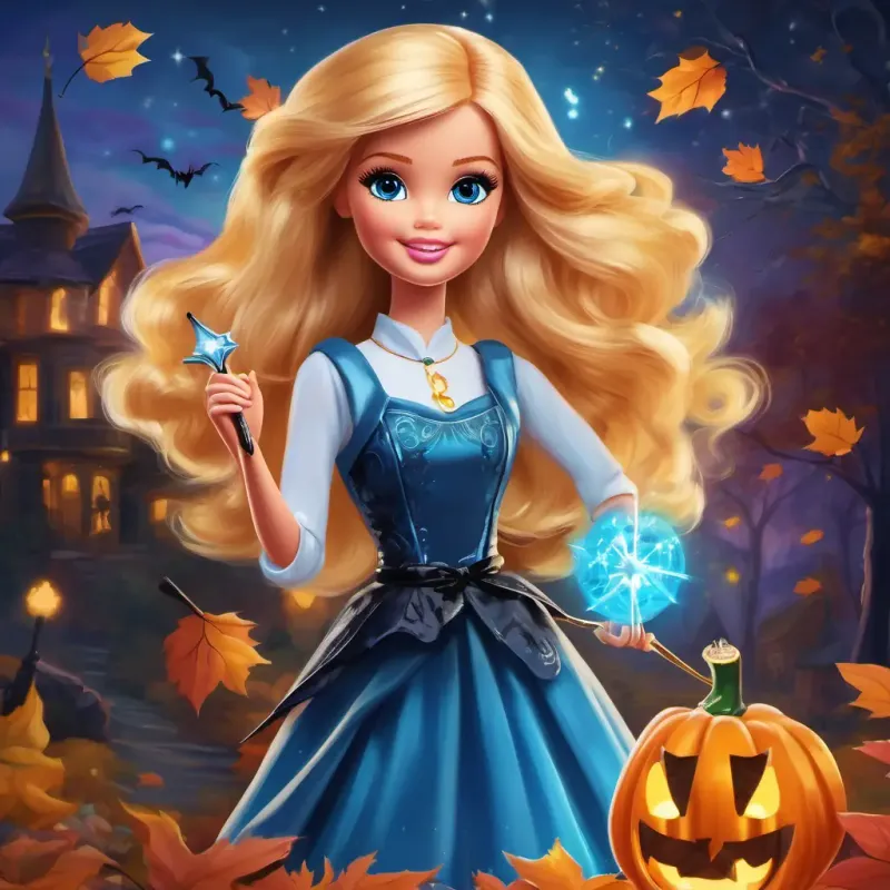 Beautiful Barbie doll with golden hair and sparkling blue eyes, with her magic wand, finds the lost doll and surprises Emily, who is overjoyed.