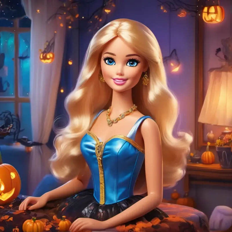 Beautiful Barbie doll with golden hair and sparkling blue eyes, back in her cozy room, turns into a regular Barbie doll and smiles, looking forward to more magical adventures.