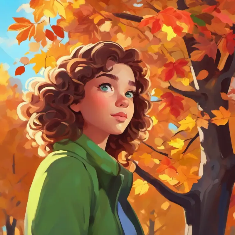 Girl with curly brown hair and bright green eyes observing colorful autumn leaves.