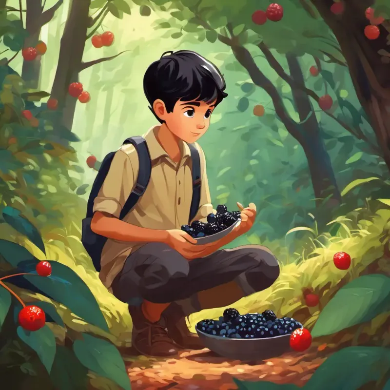 Boy with short black hair and deep brown eyes discovering berries in the forest.