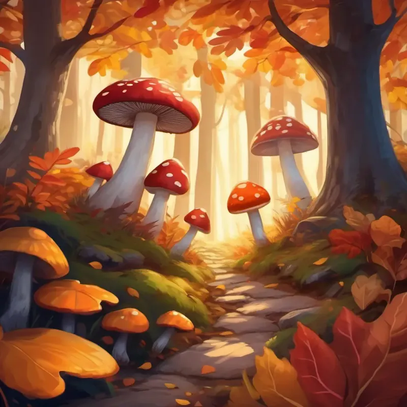 Finding mushrooms among autumn leaves.