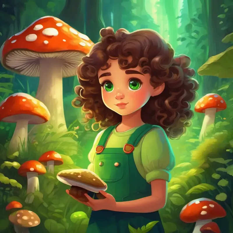 Girl with curly brown hair and bright green eyes cautions about mushroom safety.