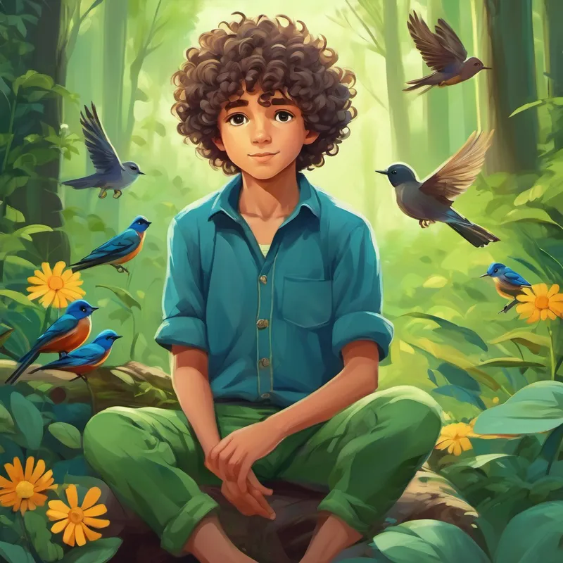 Curly-haired boy, wearing a blue shirt and green pants in a peaceful forest with birds and flowers
