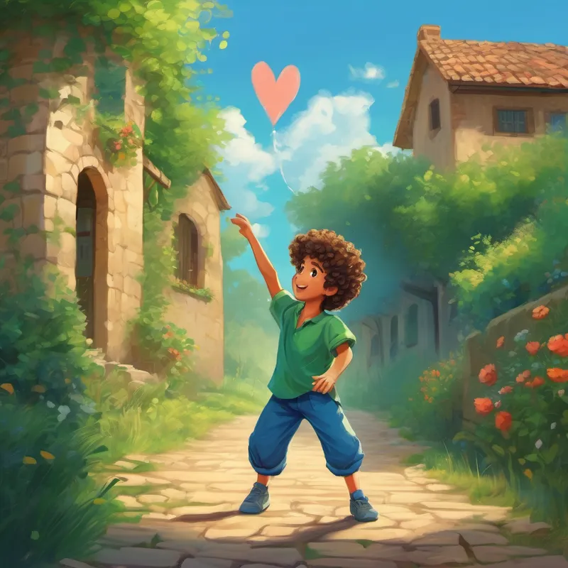 Curly-haired boy, wearing a blue shirt and green pants reaching out to others, heart symbol showing his connection