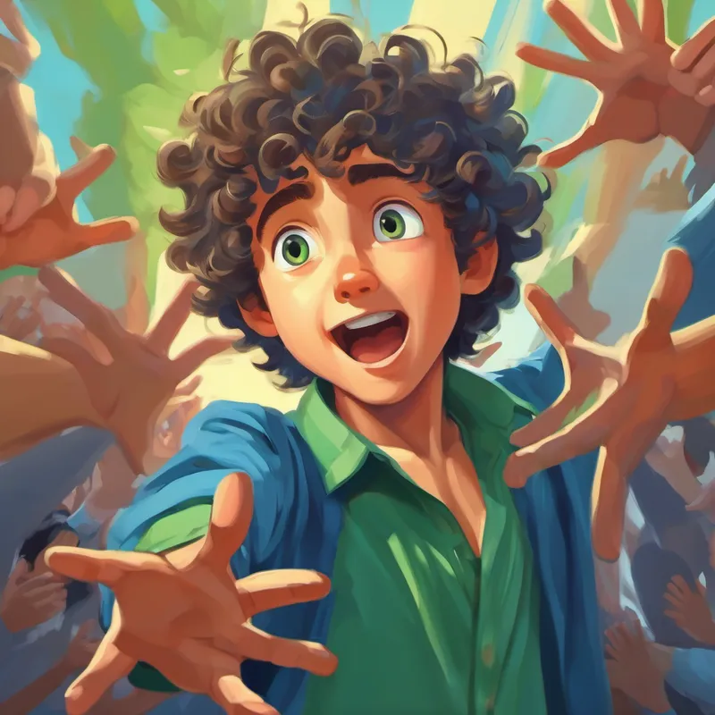 Curly-haired boy, wearing a blue shirt and green pants surrounded by hands reaching out to him, showing his overwhelming feeling