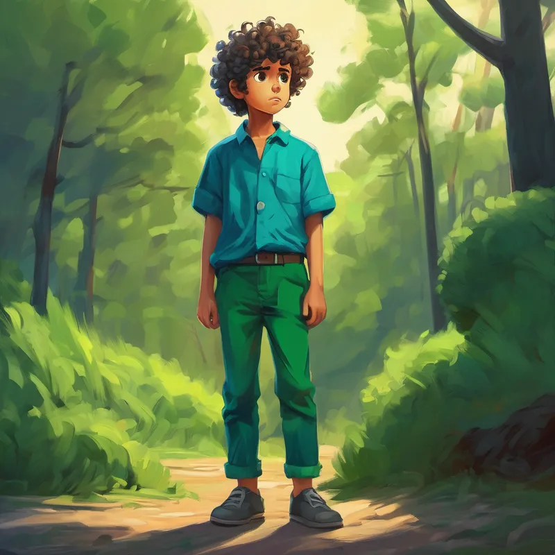 Curly-haired boy, wearing a blue shirt and green pants standing alone with a sad expression, symbolizing his fear