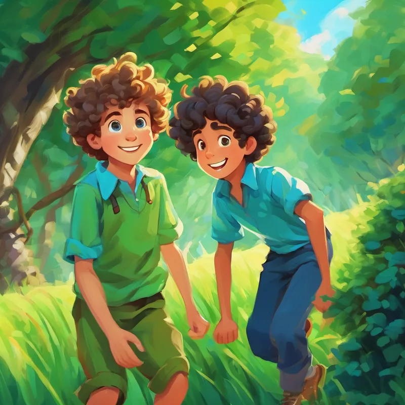 Curly-haired boy, wearing a blue shirt and green pants with a smiling mentor guiding him