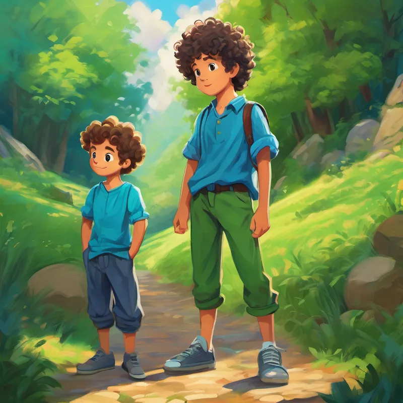 Curly-haired boy, wearing a blue shirt and green pants and his friend discussing boundaries, showing their importance