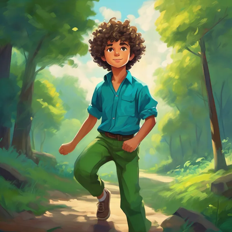 Curly-haired boy, wearing a blue shirt and green pants confidently setting his boundaries, feeling empowered