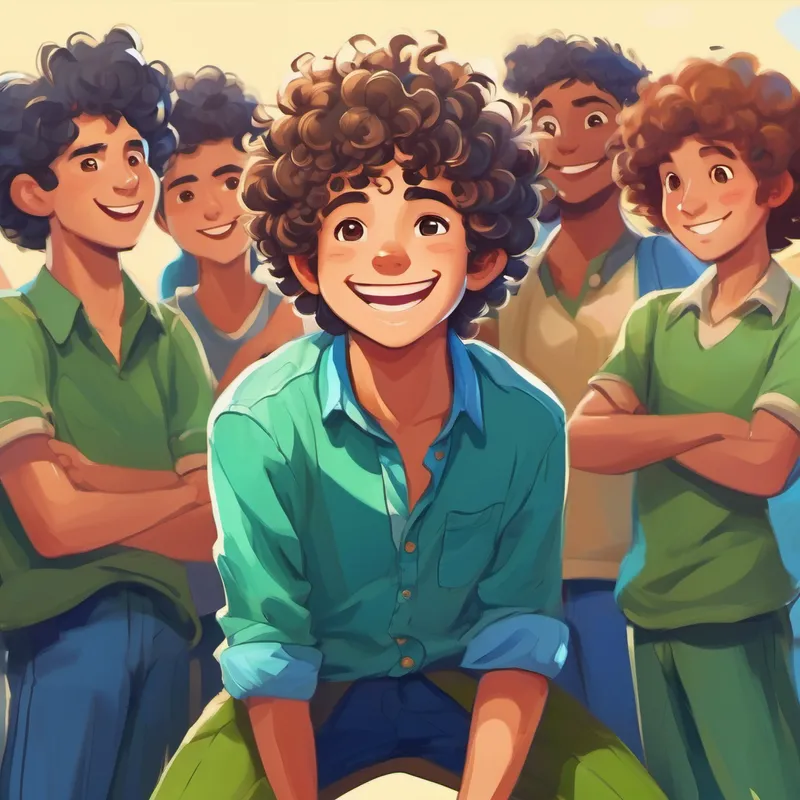 Curly-haired boy, wearing a blue shirt and green pants surrounded by friends, happy and confident