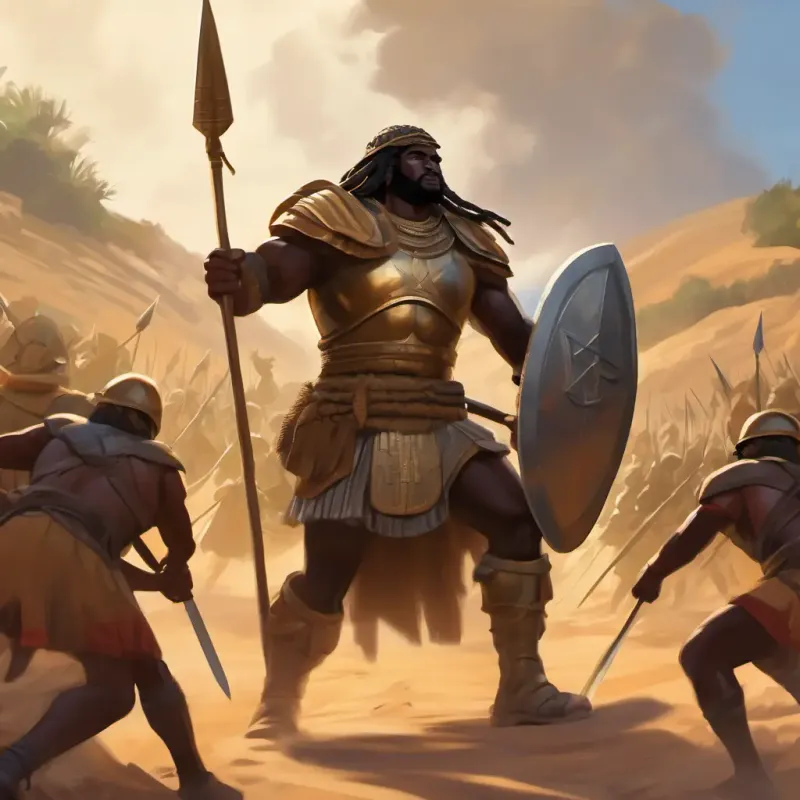 Israel's army prepares to battle the Philistines, introduces Giant warrior with dark skin and fierce eyes as a giant warrior