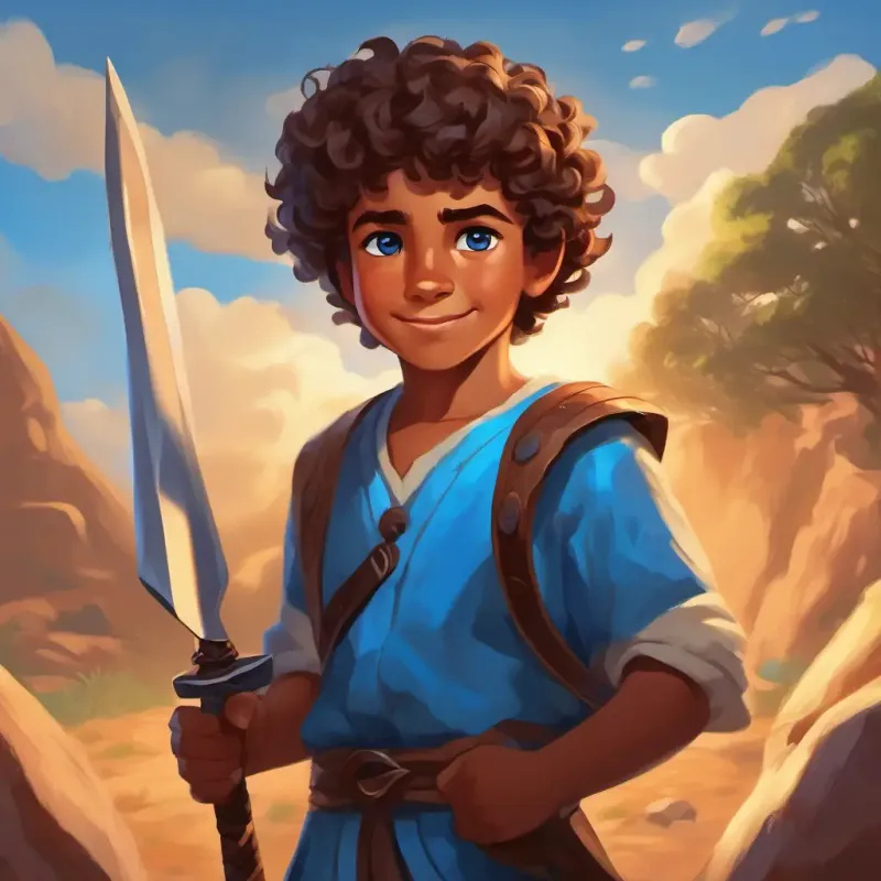 Smiling shepherd boy with curly brown hair and bright blue eyes's decision to fight Giant warrior with dark skin and fierce eyes, reveals determination and bravery