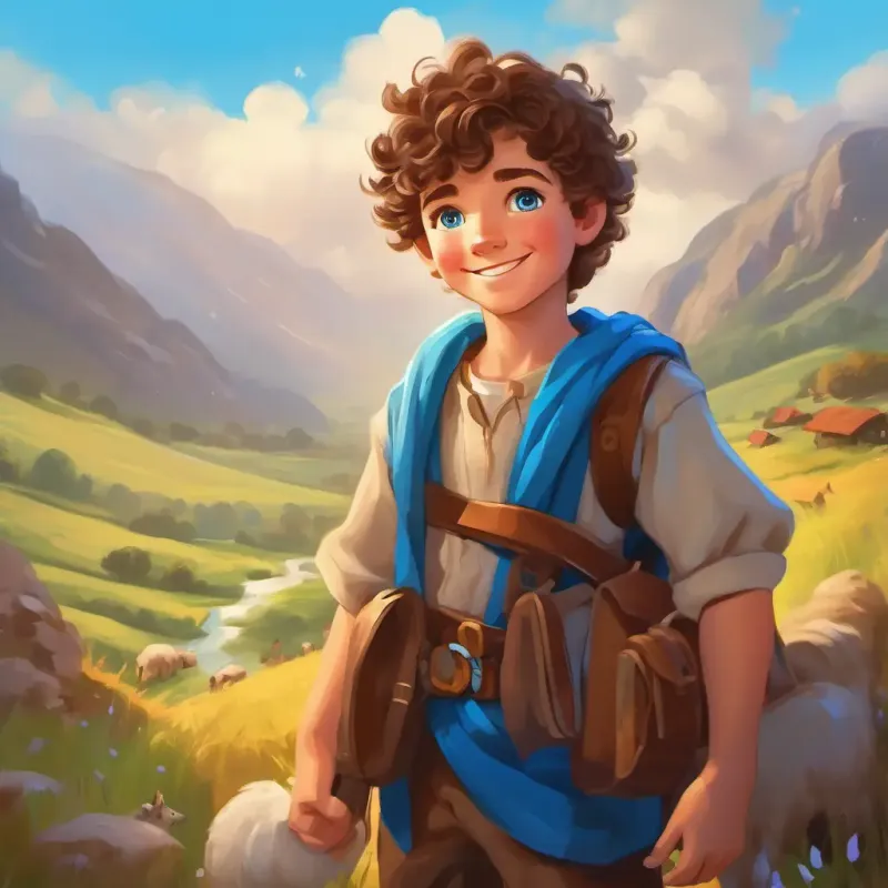 Smiling shepherd boy with curly brown hair and bright blue eyes becomes a hero, emphasizes bravery and helping others