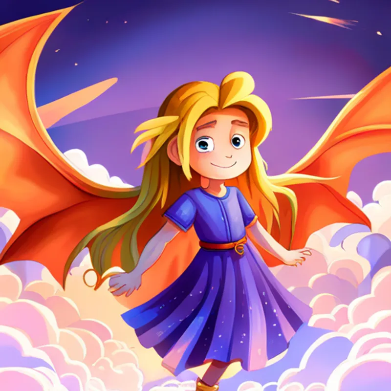 little girl with flowing golden hair and a purple dress and Small dragon with shimmering scales and sparkling wings embark on an epic journey