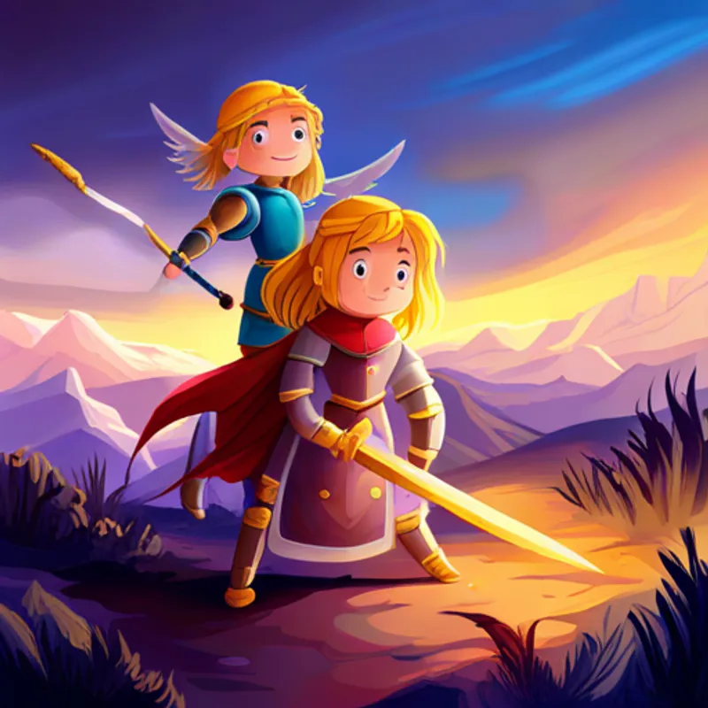 little girl with flowing golden hair and a purple dress, Small dragon with shimmering scales and sparkling wings, and Tall knight in shining armor with a silver sword face dangerous challenges