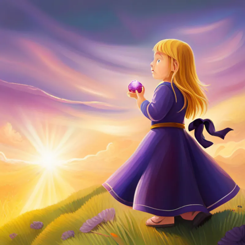 little girl with flowing golden hair and a purple dress faces a temptation to use the Infinity Stone