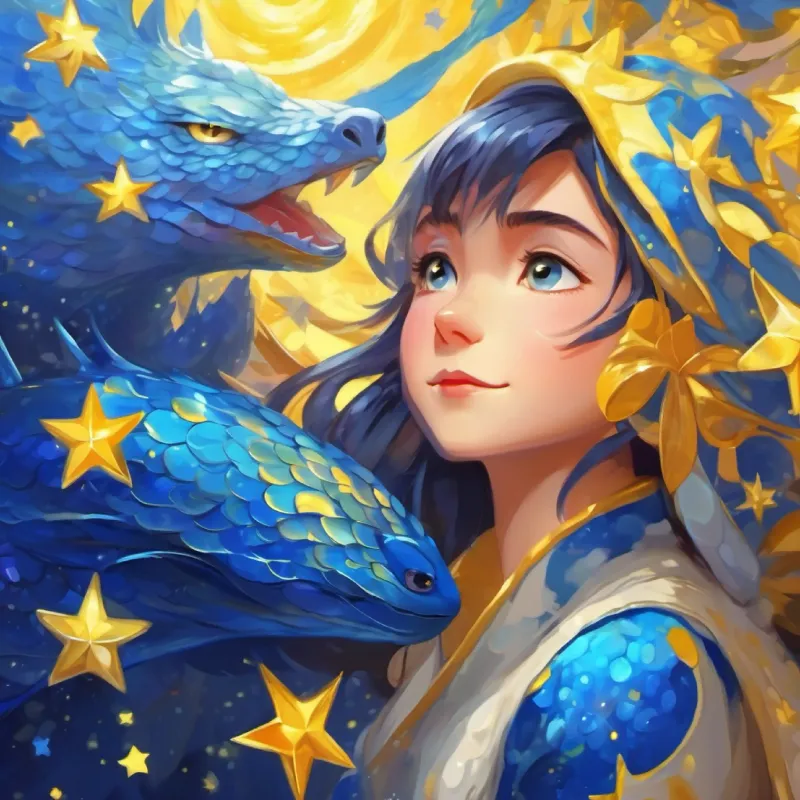 Describing Shiny blue scales, yellow spots, twinkly star-like eyes's appearance.