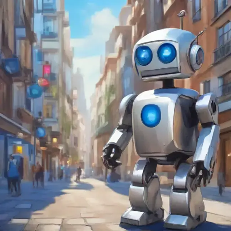 Introduction to the city and A small, friendly robot with a happy face on its screen, silver, with blue eyes, a friendly robot.