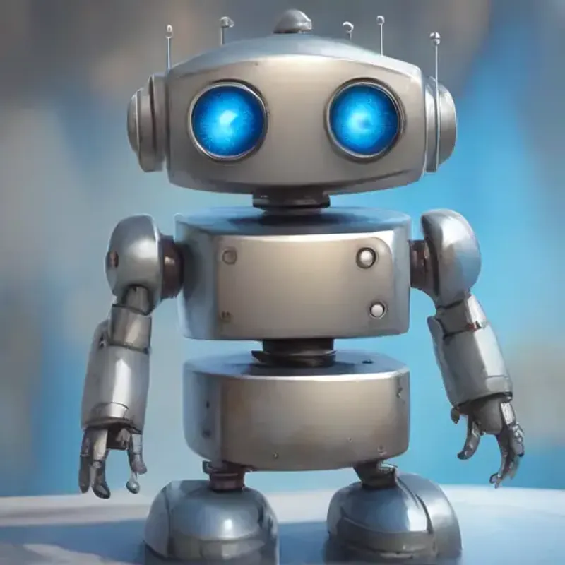 A small, friendly robot with a happy face on its screen, silver, with blue eyes's unique feature, a screen displaying emotions.