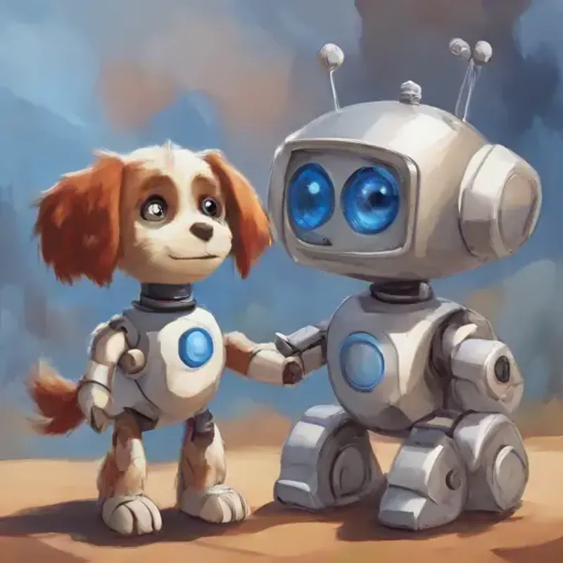 A small, friendly robot with a happy face on its screen, silver, with blue eyes saves Energetic, small puppy with shiny, brown fur and bright, curious eyes using its extendable arm.