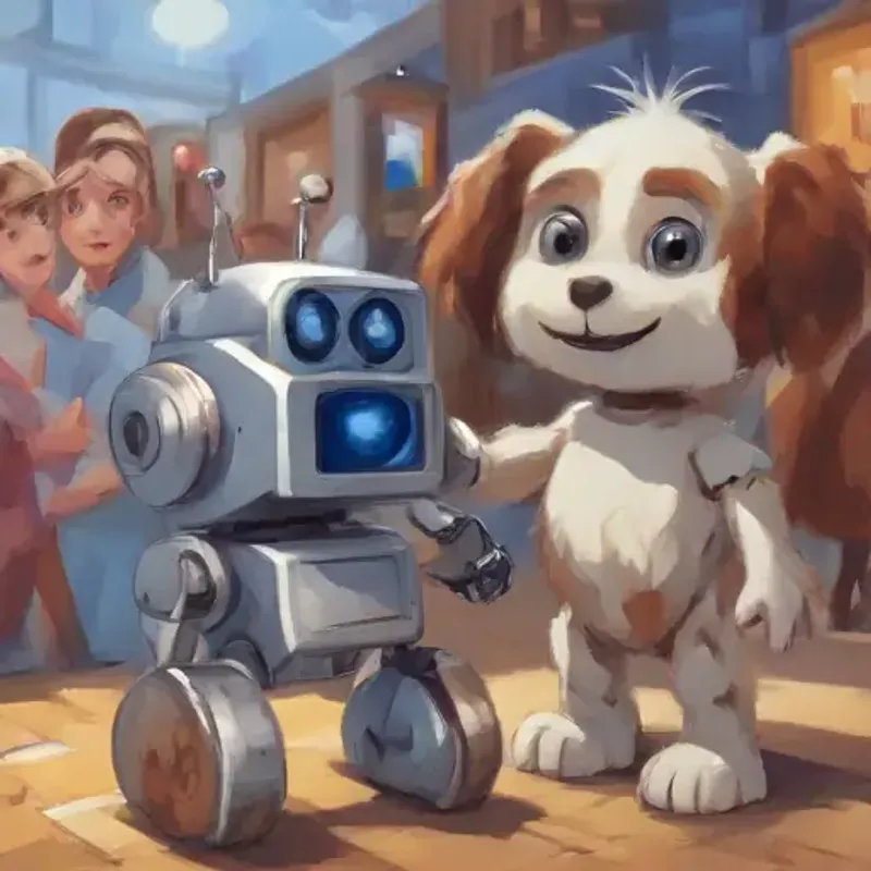 Celebratory reunion, A small, friendly robot with a happy face on its screen, silver, with blue eyes and Energetic, small puppy with shiny, brown fur and bright, curious eyes are cheered by onlookers.