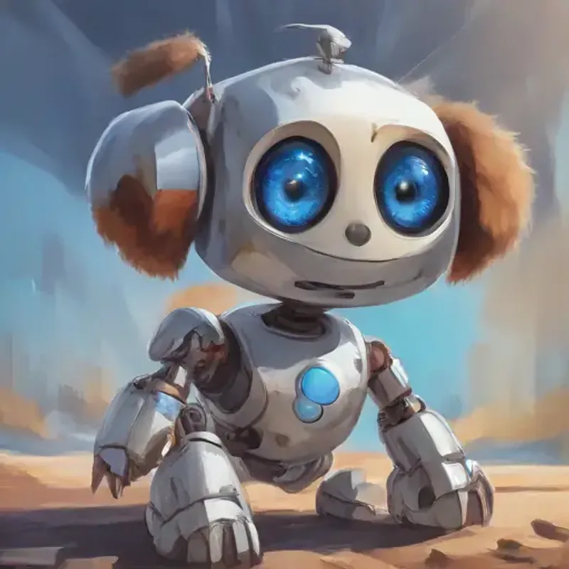 A small, friendly robot with a happy face on its screen, silver, with blue eyes's mission is introduced, finding Energetic, small puppy with shiny, brown fur and bright, curious eyes.