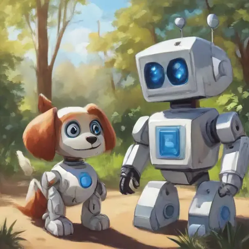 A small, friendly robot with a happy face on its screen, silver, with blue eyes is hopeful, searching the park for Energetic, small puppy with shiny, brown fur and bright, curious eyes.