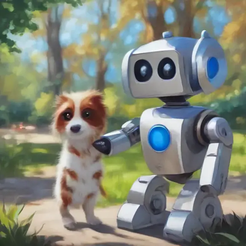 A small, friendly robot with a happy face on its screen, silver, with blue eyes finds a clue, Energetic, small puppy with shiny, brown fur and bright, curious eyes's collar, in the park.