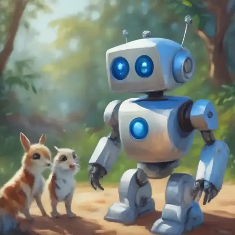A small, friendly robot with a happy face on its screen, silver, with blue eyes interacts with animals, gathering information.