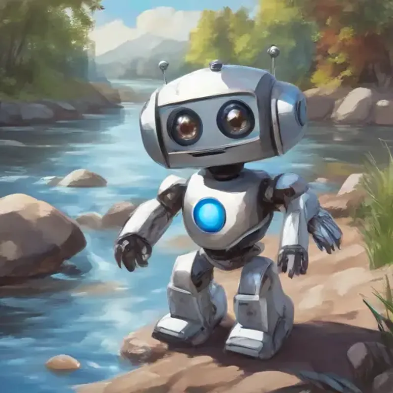 A small, friendly robot with a happy face on its screen, silver, with blue eyes is focused, rushing to find Energetic, small puppy with shiny, brown fur and bright, curious eyes by the river.