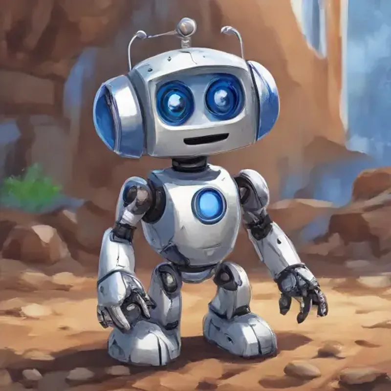 A small, friendly robot with a happy face on its screen, silver, with blue eyes discovers paw prints, indicating Energetic, small puppy with shiny, brown fur and bright, curious eyes's presence.