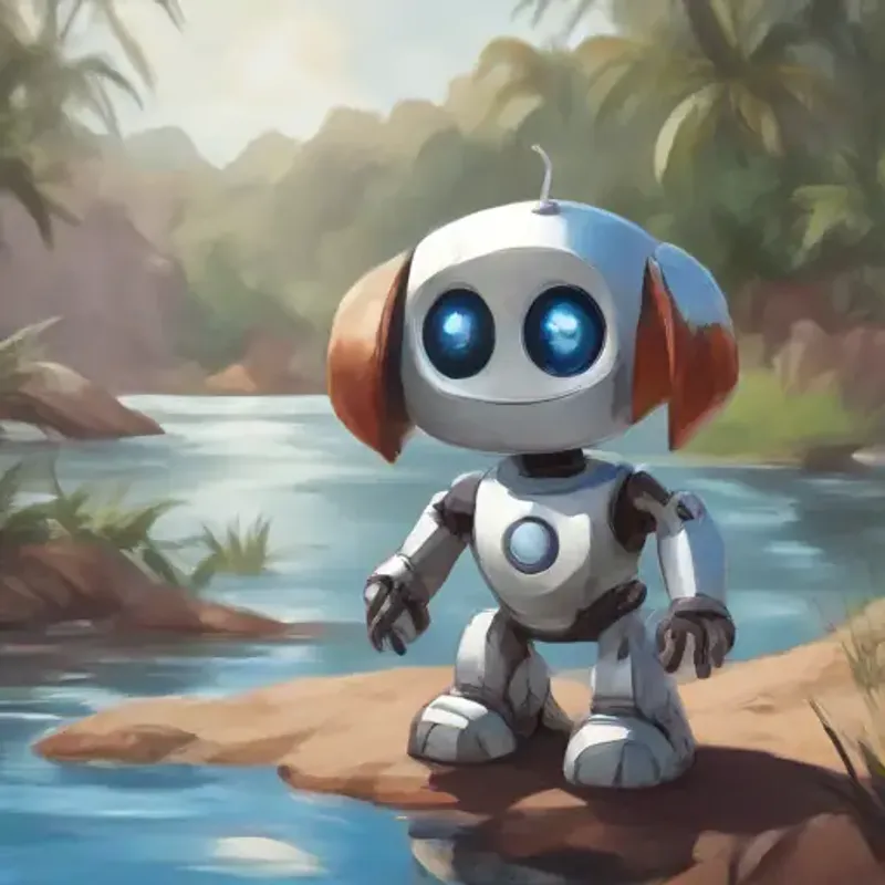 A small, friendly robot with a happy face on its screen, silver, with blue eyes locates Energetic, small puppy with shiny, brown fur and bright, curious eyes on a tiny island in the river.