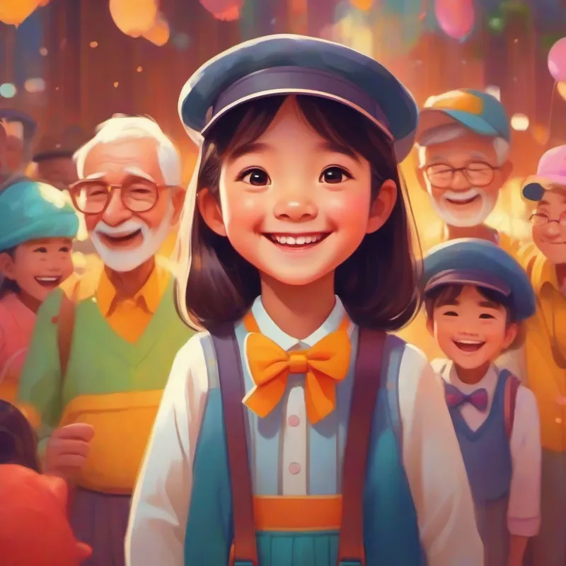 Cute girl with a big smile, wearing colorful clothes and a bow with smiling grandparents, bright and warm colors