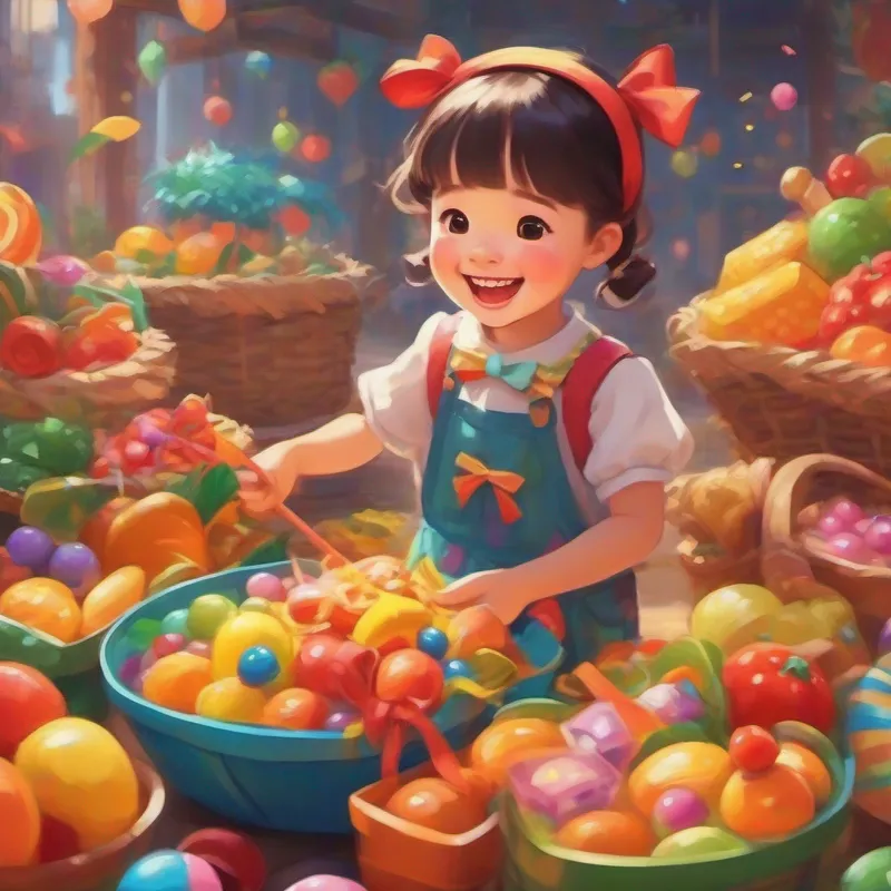 Cute girl with a big smile, wearing colorful clothes and a bow playing with toys and eating delicious food