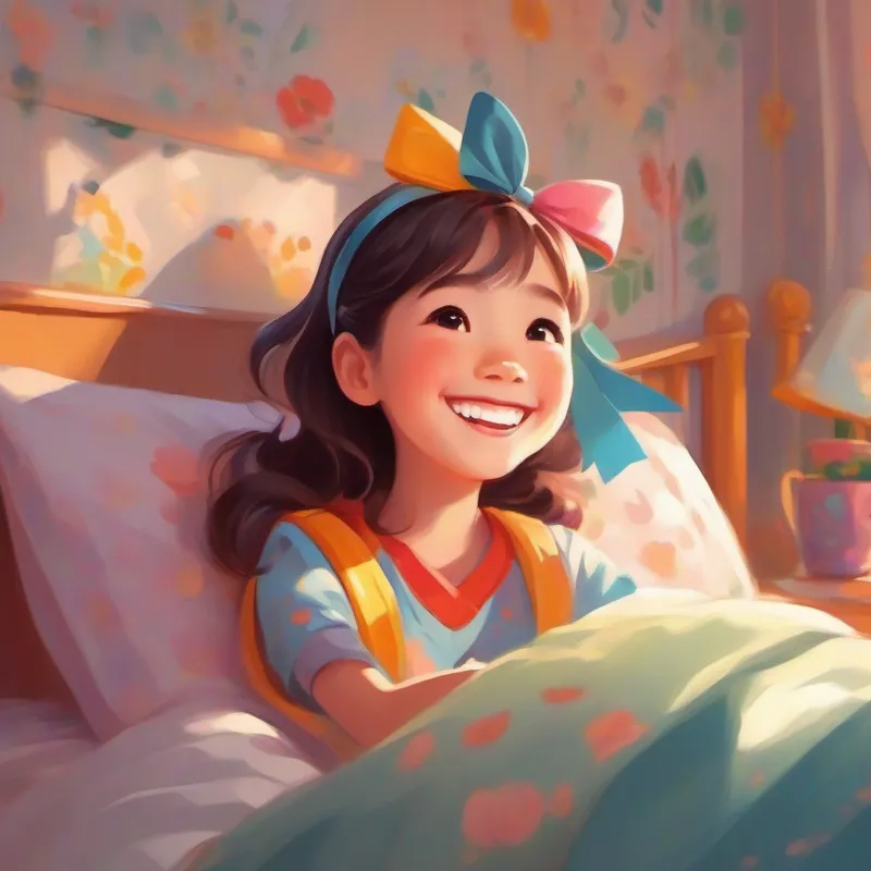 Cute girl with a big smile, wearing colorful clothes and a bow smiling and stretching in bed, room filled with morning light