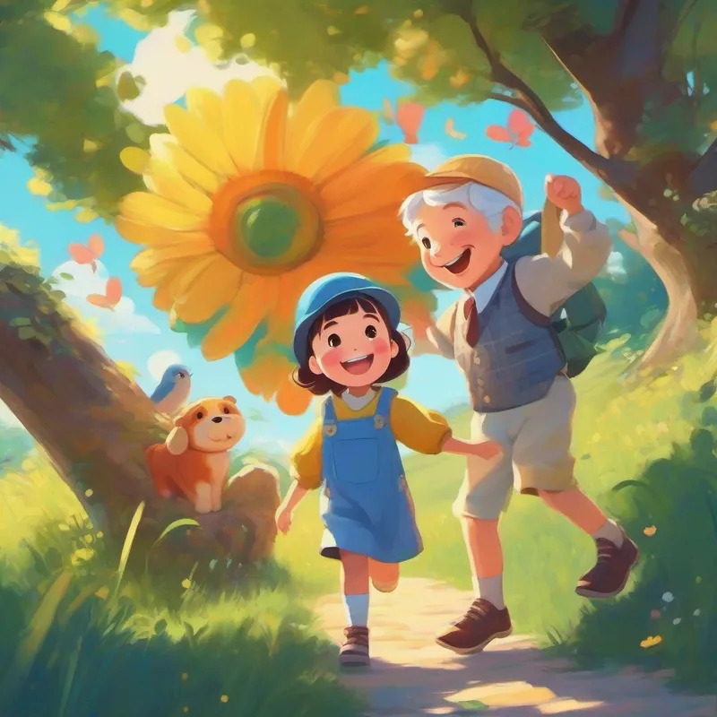 Cute girl with a big smile, wearing colorful clothes and a bow and grandpa playing outside on a sunny day, blue sky