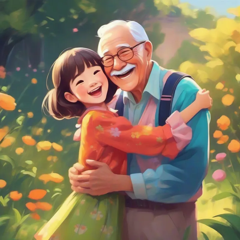 Cute girl with a big smile, wearing colorful clothes and a bow laughing and hugging grandpa, wearing a cute summer outfit