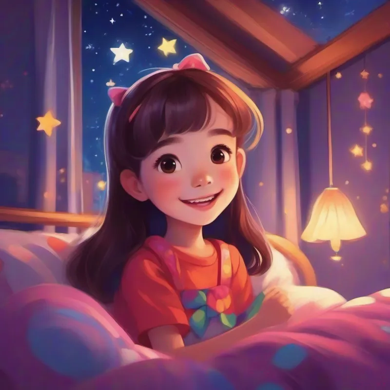 Cute girl with a big smile, wearing colorful clothes and a bow in bed under a starry sky, feeling safe and loved