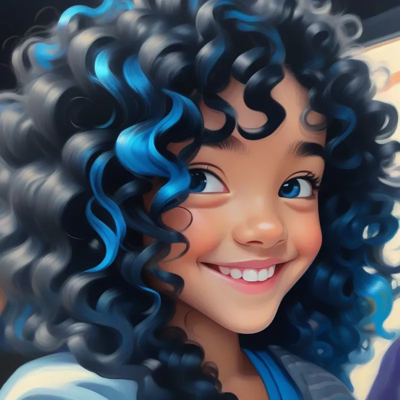 Curly black hair, bright blue eyes, mischievous smile with blue eyes and curly black hair